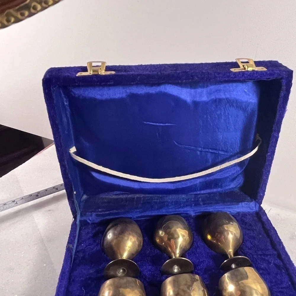 Vintage Brass Set 6 Small Cordial Wine Goblets Tray Original Box